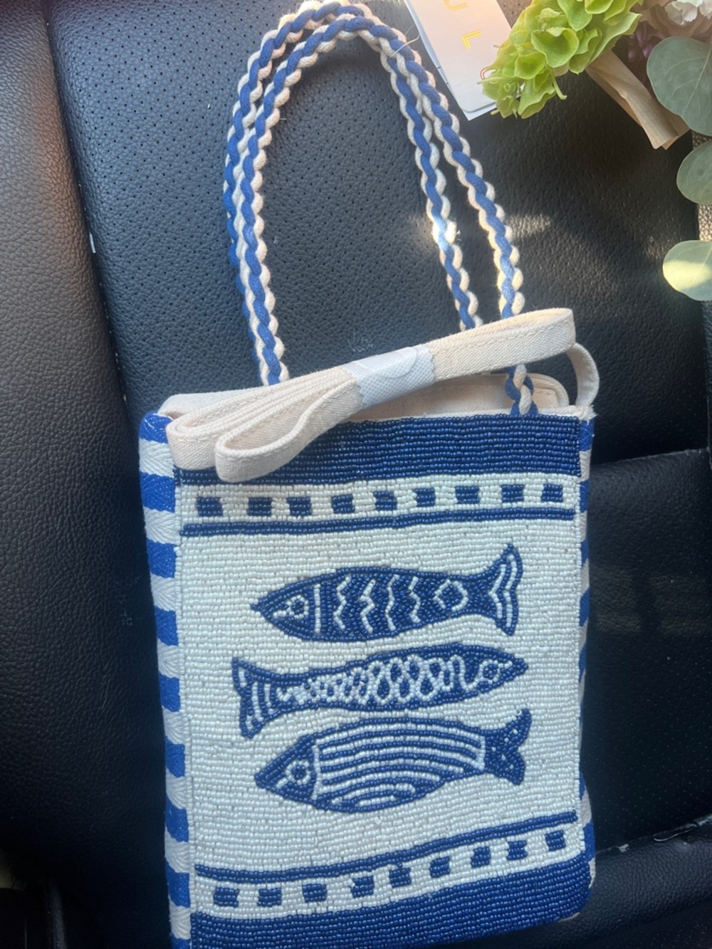 Beaded sardine Tote Bag in Blue and Cream